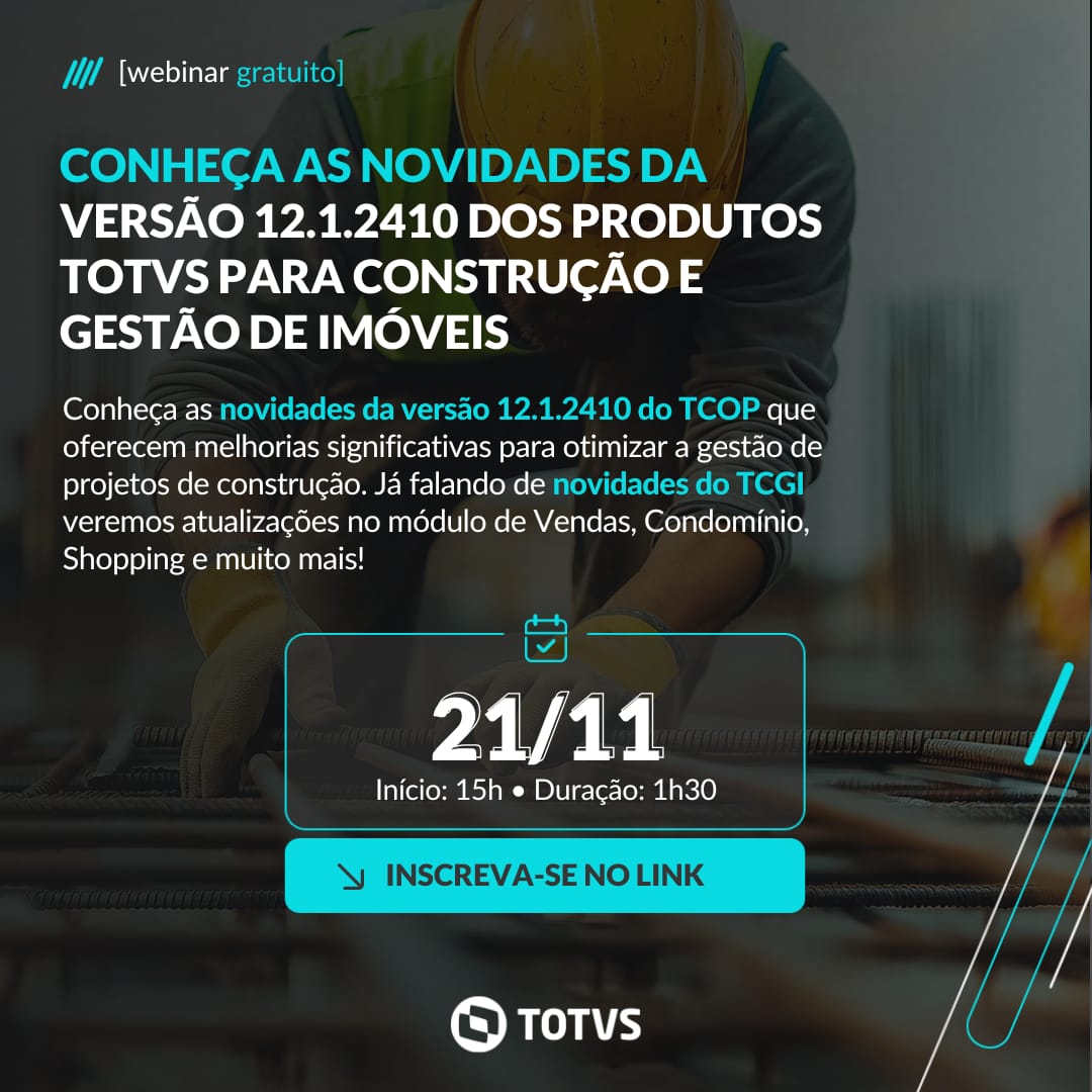 Imagem de divulgação do Webinar sobre as Novidades da release do TOTVS Construção, contendo as principais informações do decorrer desta publicação.