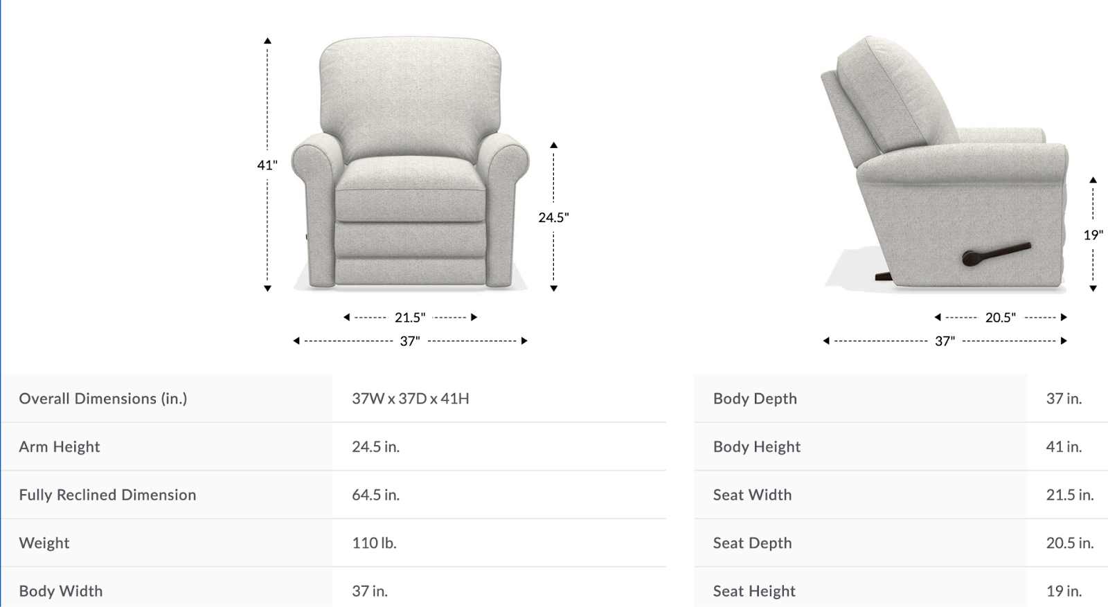 addison gliding recliner dimensions