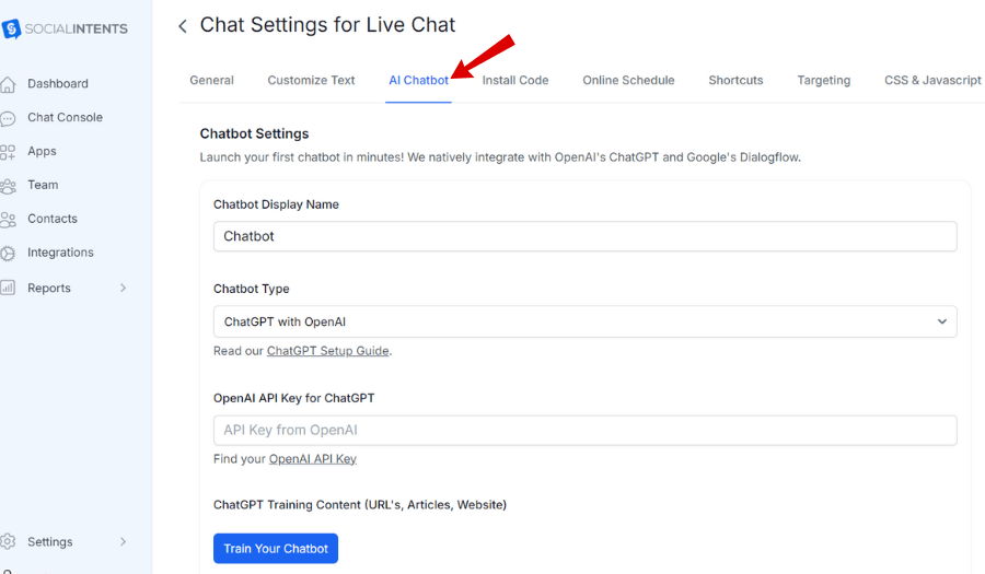 Find the chatbot settings in Social Intents