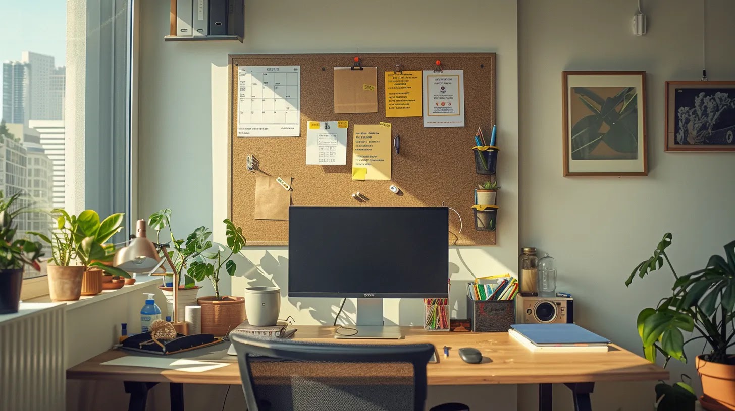 a modern, organized home office features a visually appealing weekly cleaning schedule pinned to a corkboard, with vibrant cleaning supplies neatly arranged on a sleek desk, embodying a commitment to a sustainable cleaning routine.