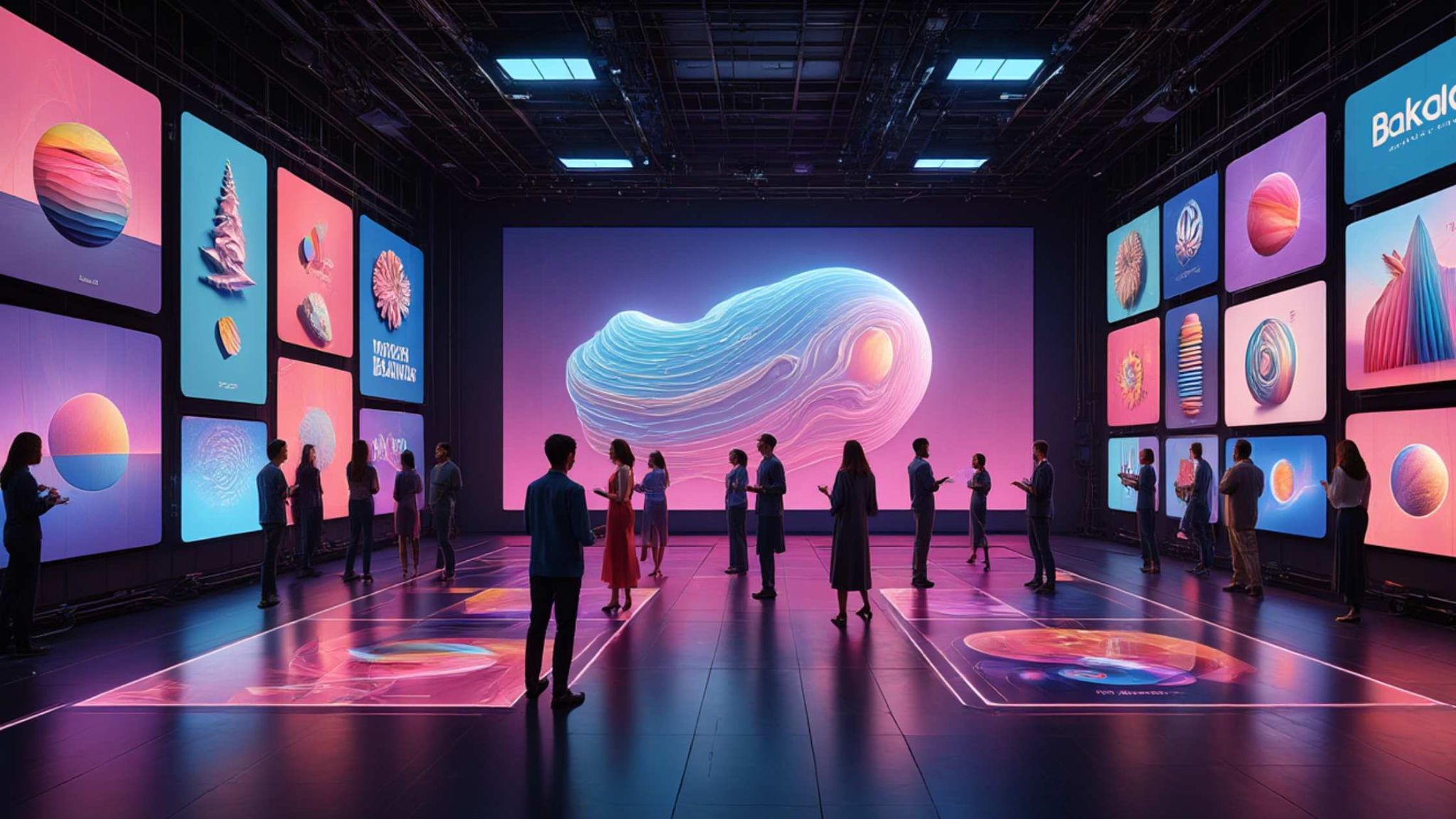 Advertising and Digital Signage Solutions in Doha – Immersive Technology at the Forefront of Modern Marketing People interacting with immersive digital signage and futuristic advertising displays in a high-tech exhibition space, highlighting innovative advertising and digital signage solutions in Doha.