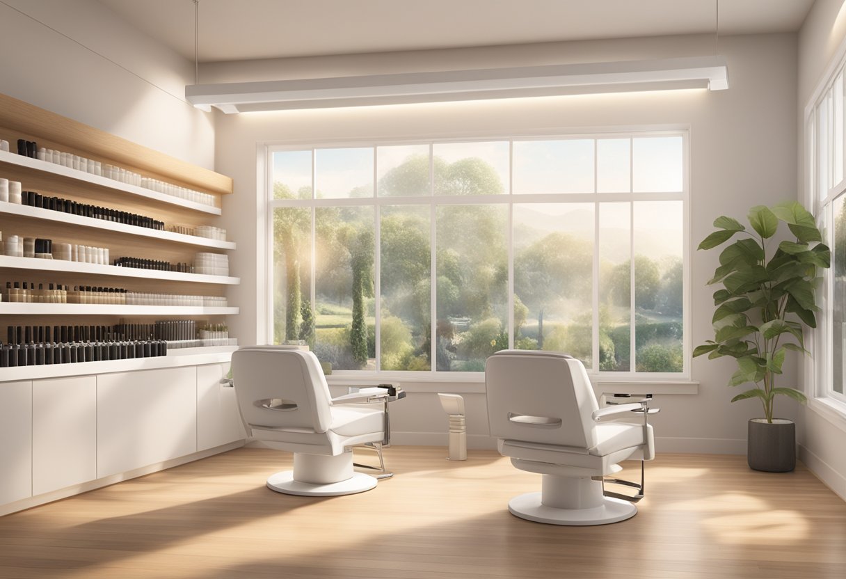 A serene salon setting with eco-friendly lash extension options displayed on a sustainable materials shelf. Natural light filters through the window, casting a soft glow on the products