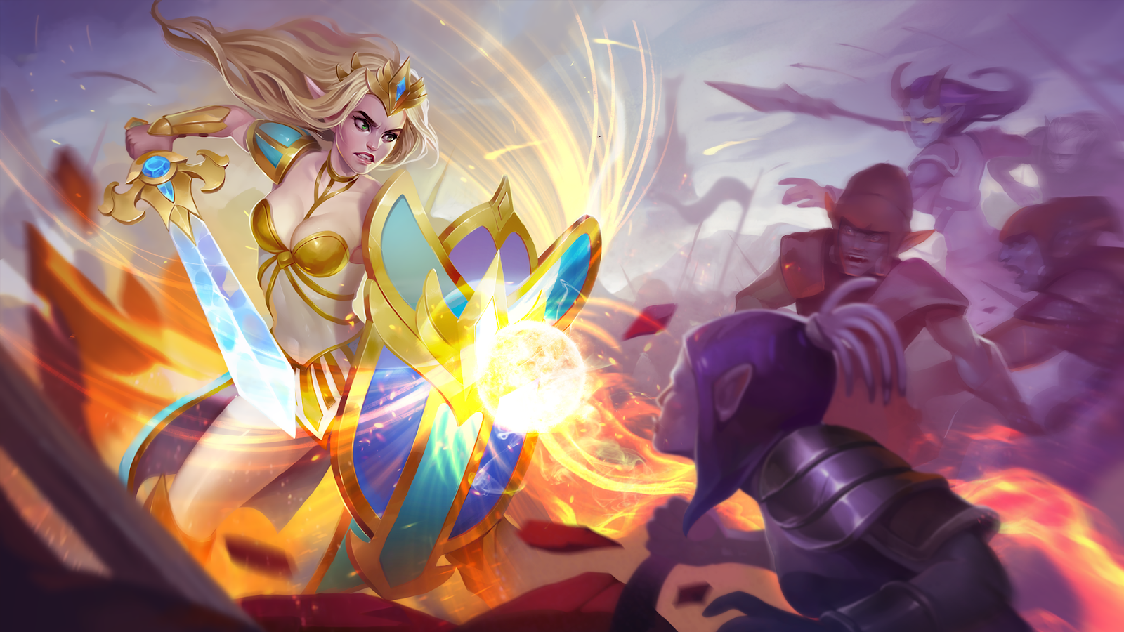 Hero Wars art of a woman in armour with a gold and blue shield holding out her sword, using the shield to block a projectile. 