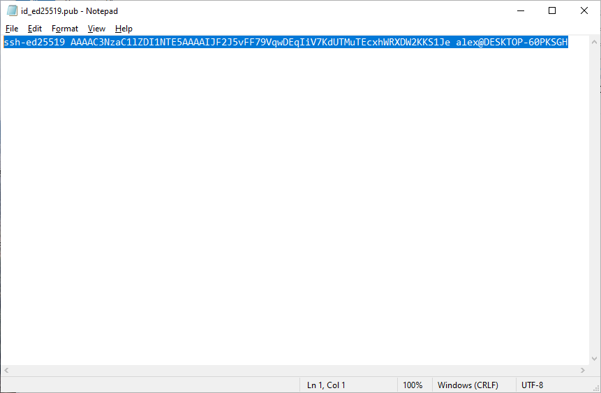 Screenshot of ed25519 public SSH key
