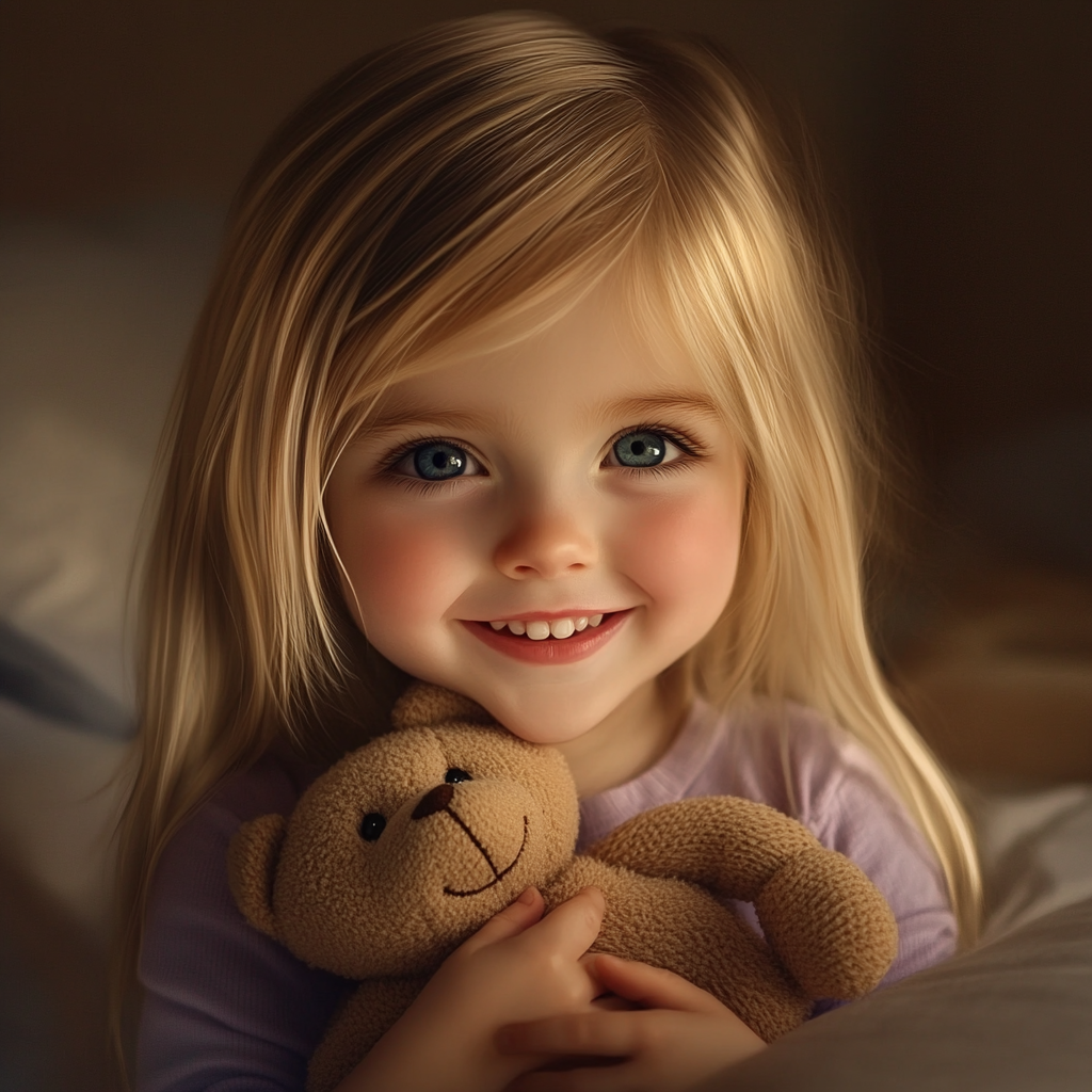 A cheerful little girl holding a teddy bear | Source: Midjourney