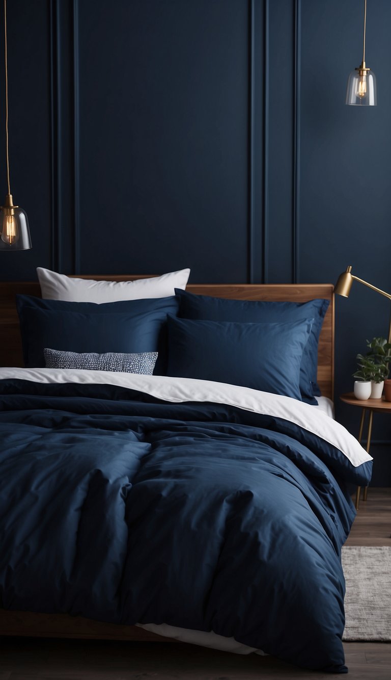 A dark blue bedroom with a sapphire duvet cover. Minimalist decor, soft lighting, and a cozy atmosphere