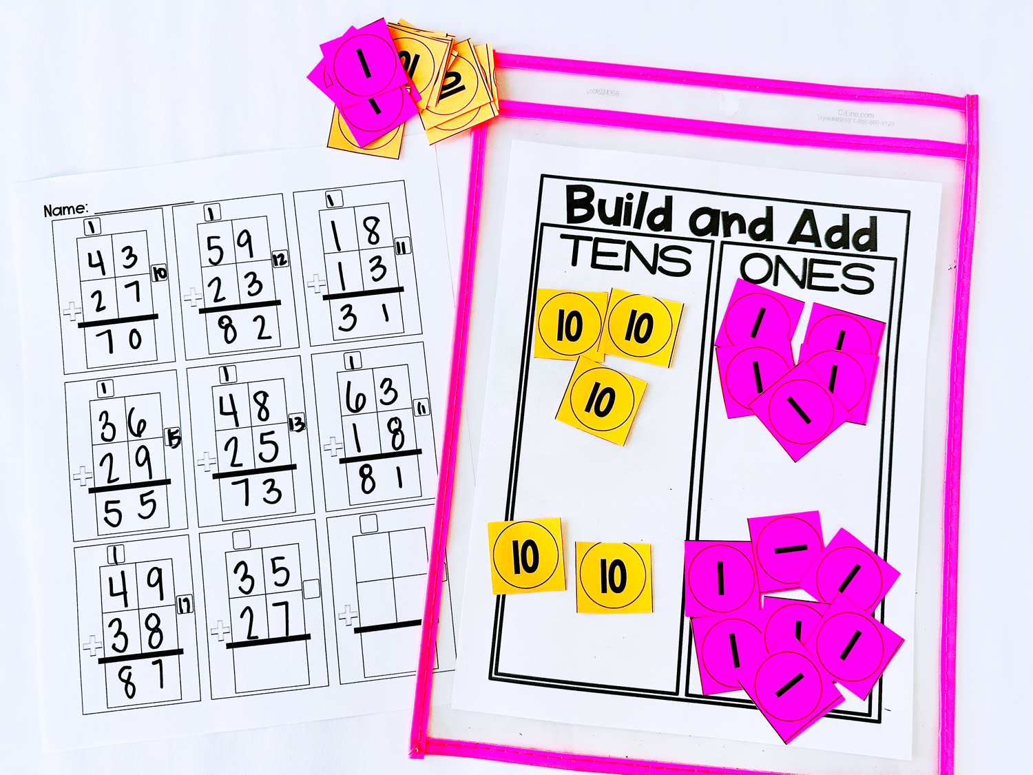 Place value discs as a tool for teaching addition with regrouping with a printable math activity