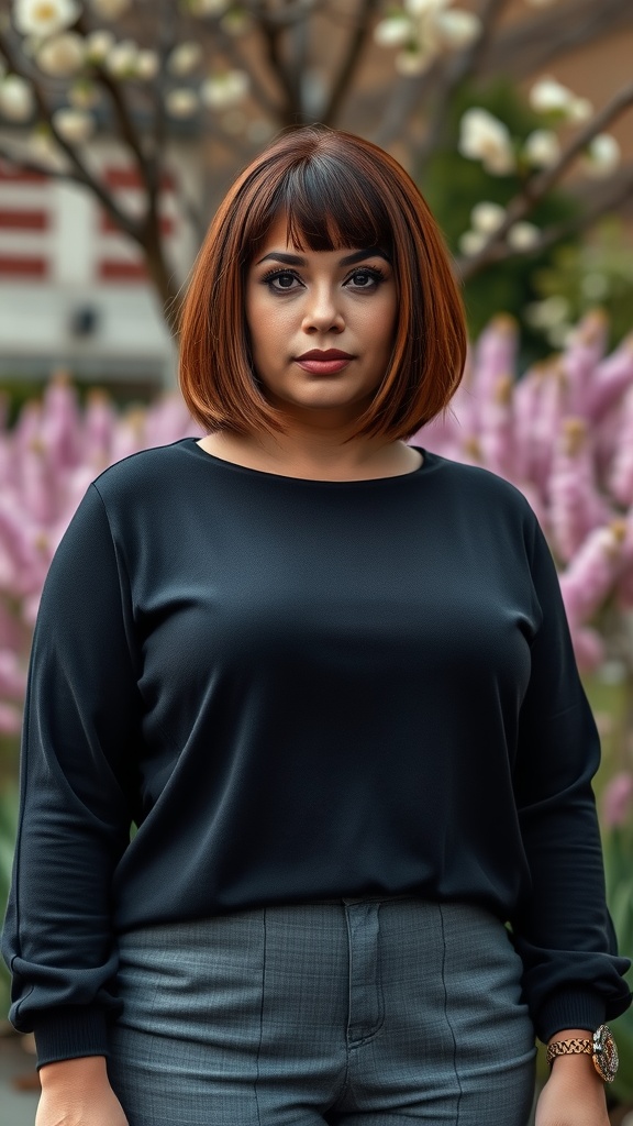 A woman with a chic bob haircut and bangs standing amidst blooming flowers.