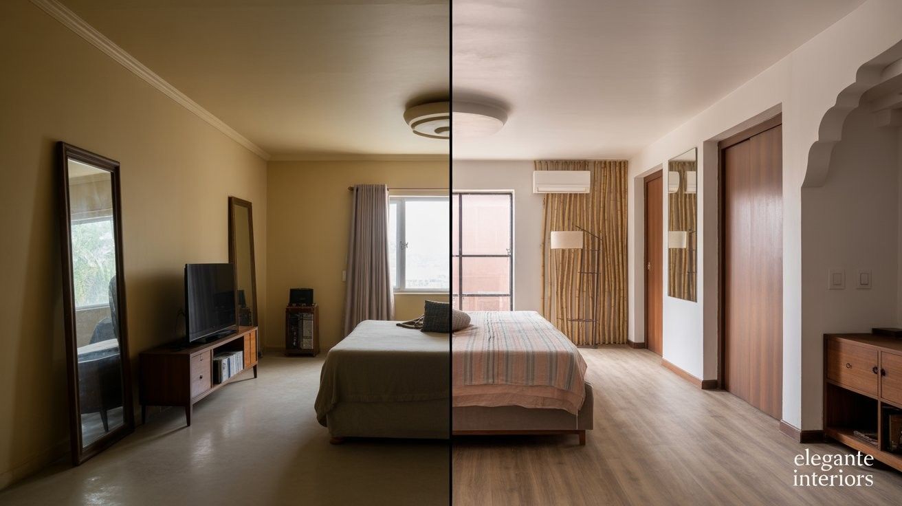 Before and after comparison of Bangalore apartment transformation by Elegante Interiors showing space optimization and climate-appropriate materials