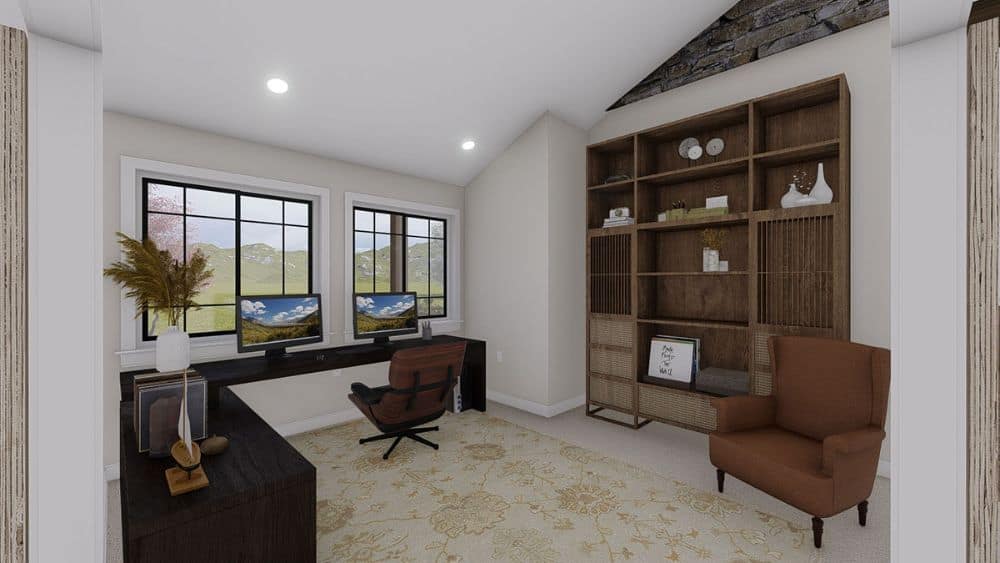 Home office with a wooden cabinet, a wingback chair, and an L-shaped desk paired with a leather swivel chair.