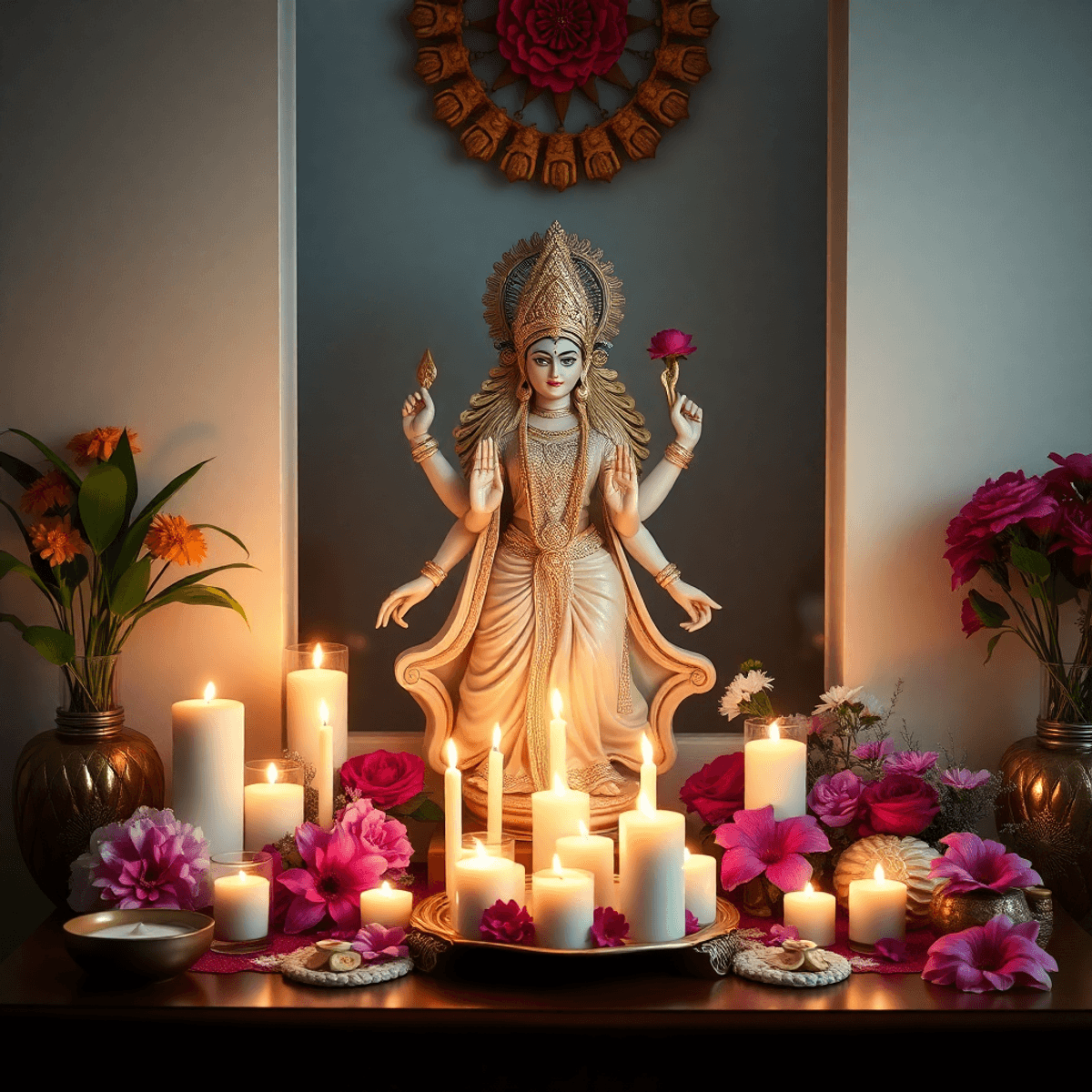 A serene home altar with an elegant Goddess Durga idol surrounded by soft candles and flowers, creating a peaceful and inspiring atmosphere of empowerment and resilience.