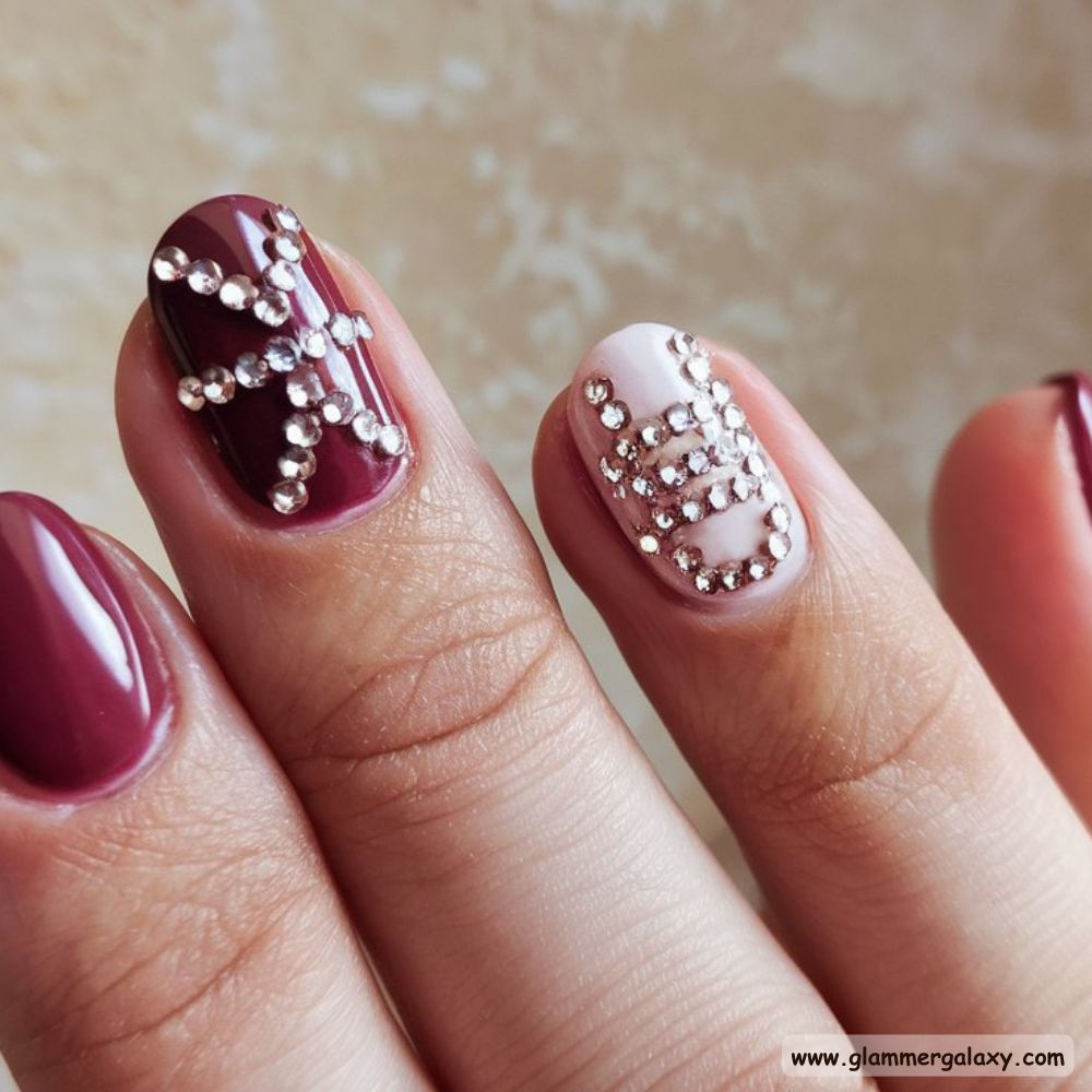 Korean fall nails having Glamorous Rhinestones
