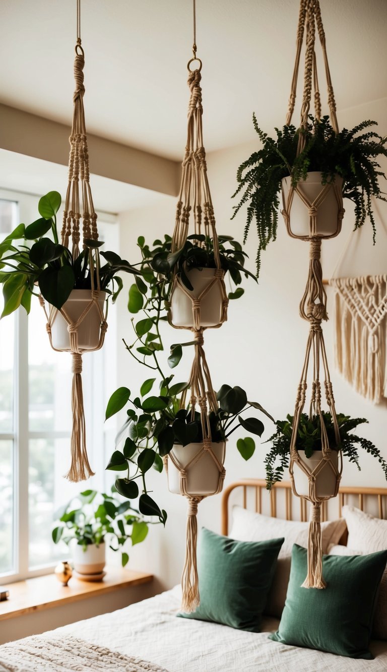 Several macramé plant holders hang from the ceiling in a cozy bedroom, filled with lush greenery and adding a touch of bohemian charm to the space