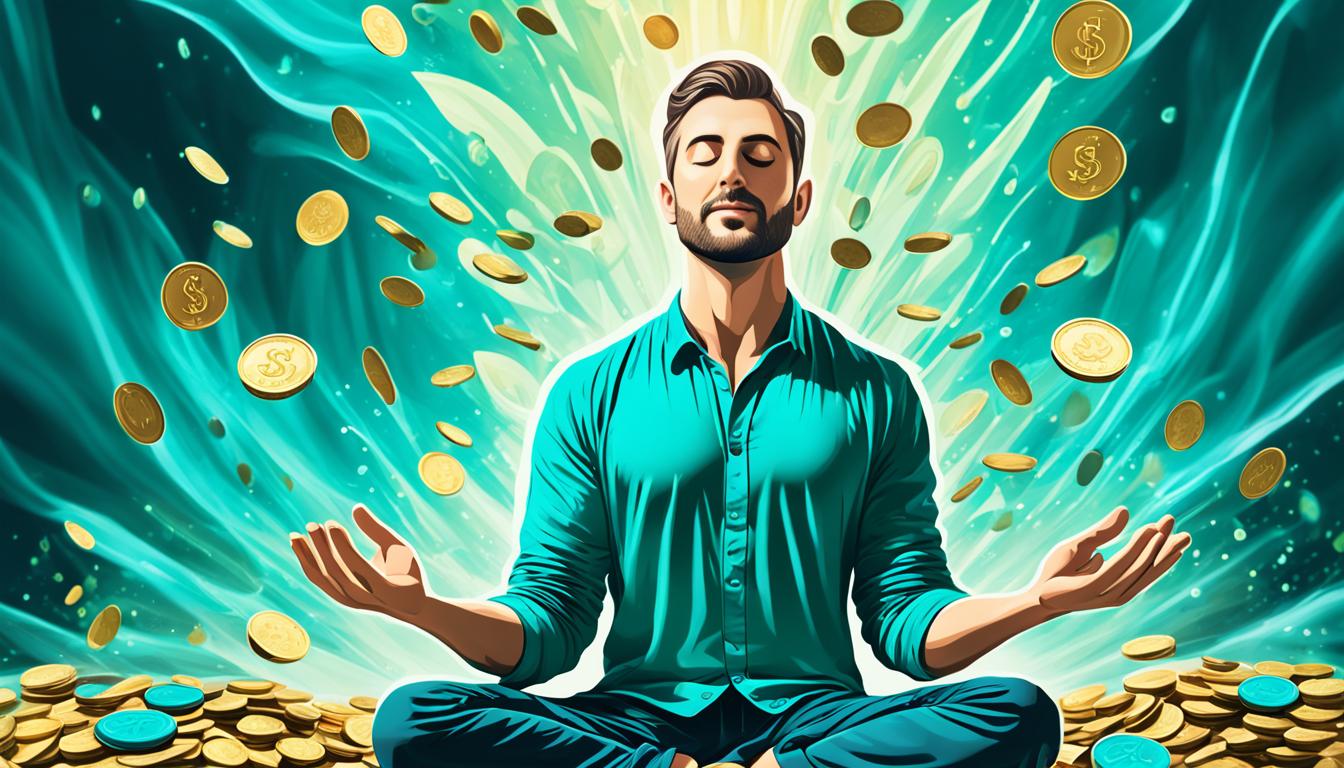 A person sitting in a lotus position with an aura of vibrant teal-colored energy surrounding them. In front of them, a fountain of coins and cash is pouring out, representing the manifestation of abundance in their life. The person's closed eyes show they are deep in meditation, focused solely on their intention to attract financial flow. There is a sense of calm and serenity, but also excitement and anticipation for the abundance that is coming their way.