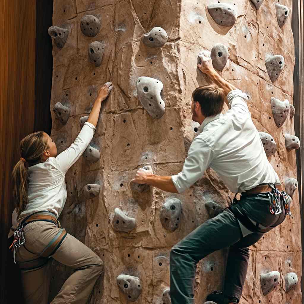 Team of upcoming leaders scaling an indoor rock climbing wall, symbolizing how leadership readiness assessments help overcome skill gaps, ensure succession, and foster innovation.