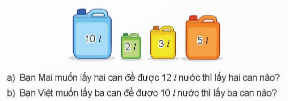 BÀI 73 ÔN TẬP ĐO LƯỜNGI.LUYỆN TẬP 1Câu 1: Tính.Đáp án chuẩn:a) 63 kg  57 kg 20 kg 3 kgb) 91 l   58 l 16 l  6 lc) 10 km   27 m  20 cm 4 dmCâu 2: Quan sát tranh rồi trả lời câu hỏi. Con mèo cân nặng mấy ki-lô-gam?Quả dưa cân nặng mấy ki-lô-gam? Đáp án chuẩn:Con mèo nặng 4 kg.Quả dưa nặng 2 kg.Câu 3: Có các can đựng đầy nước như sau: Đáp án chuẩn: 1 can 10 l và 1 can 2 l 1 can 2 l ; 1 can 3 l và 1 can 5 lCâu 4: Toán vui: Ngày xưa,muốn biết con voi cân nặng bao nhiêu người ta làm như sau:- Đưa con voi lên thuyền, sau đó xem vạch nước ở mạn thuyền, rồi đánh dấu vạch nước đó.- Đưa con voi lên bờ, sau đó xếp đá lên thuyền cho đến khi mạn thuyền vừa đúng vạch nước đã đánh dấu khi đưa con voi lên.- Cân số đá ở thuyền. Số đá cân nặn bao nhiêu thì con voi cân nặng bấy nhiêu.Số?Đáp án chuẩn:II.LUYỆN TẬP 2