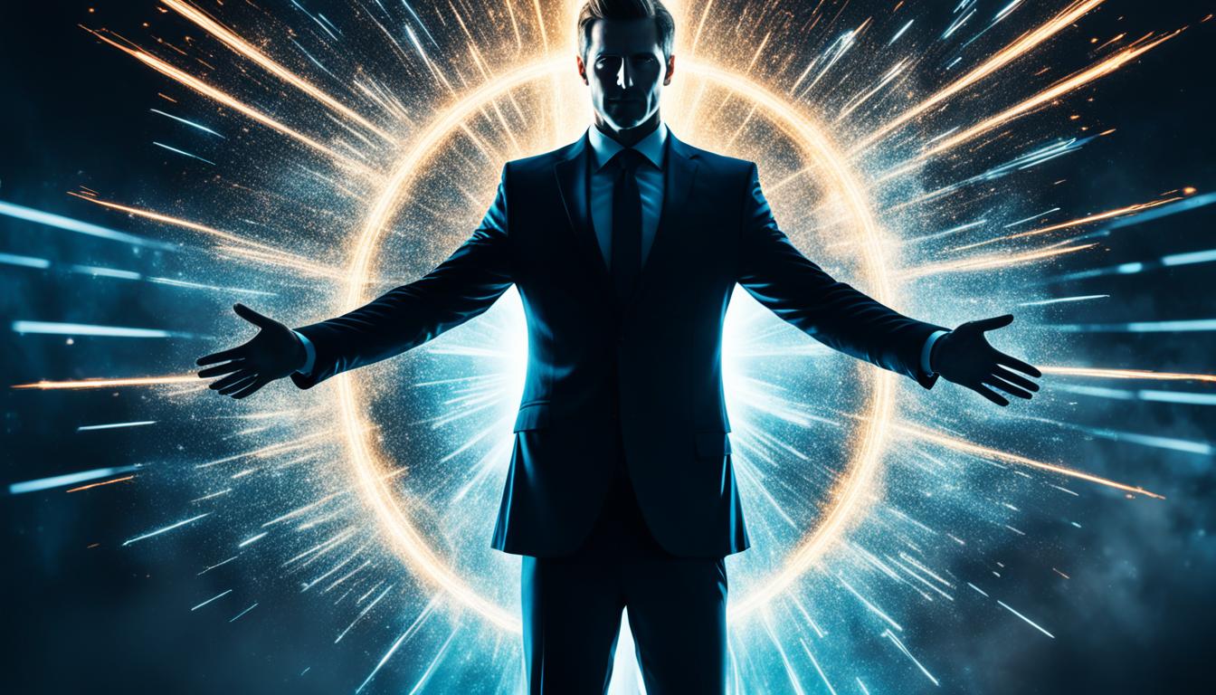 A silhouette of a man standing in front of a glowing portal, with sparks emanating from his outstretched hands. He wears a suit and tie, and his face is obscured by shadows, except for his piercing gaze that seems to draw you in.