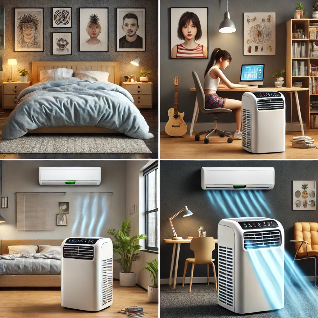 Photo collage of portable ACs in bedroom, home office, dorm, and small apartment; each shown operating in context.