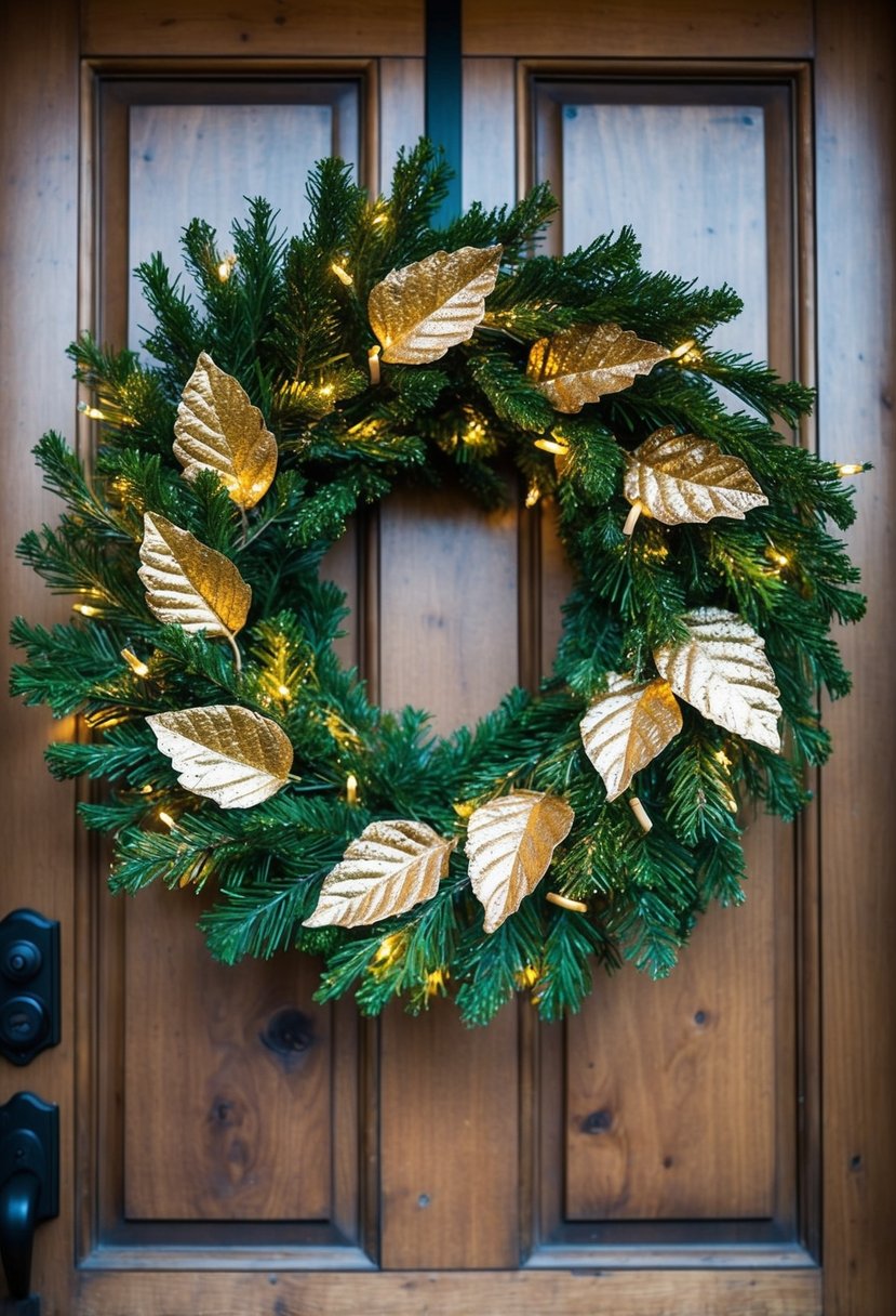 A lush green wreath adorned with shimmering gold leaf accents and twinkling lights hangs on a rustic wooden door