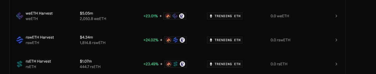 Derive weETH harvest, rswETH harvest, rsETH harvest