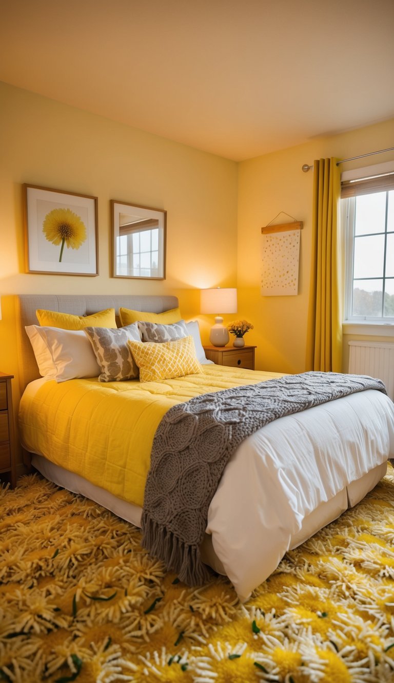 A cozy yellow bedroom with dandelion carpet, warm lighting, and cheerful decor