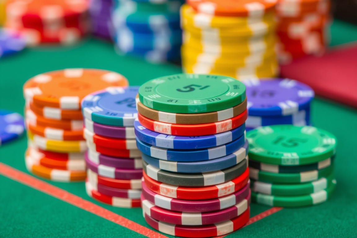 Colorful chips are stacked neatly on the table, showing different values.