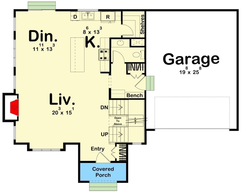 Main level floor plan of a 3-bedroom two-story European cottage with entry porch, foyer, living room, dining area, kitchen, and a mudroom leading to the double garage.