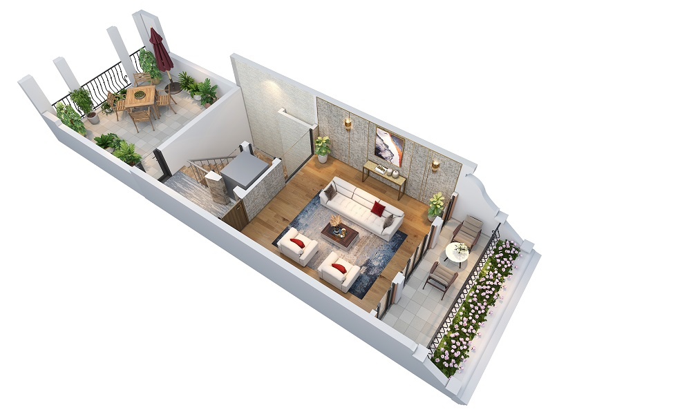 Mặt bằng 3D Shoptel 5x20m T4