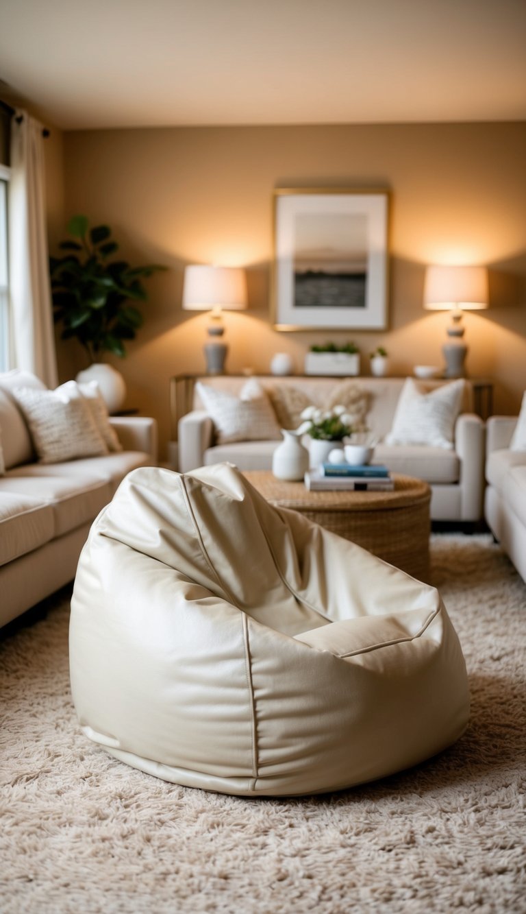 A soft beige bean bag chair sits in the center of a cozy beige living room, surrounded by warm, inviting decor