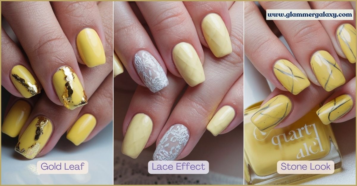 Three photos showcasing yellow nail art with gold leaf, lace effect, and stone look designs.