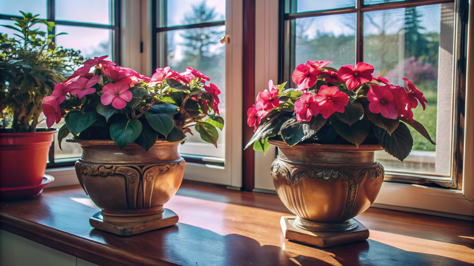 unpatiens sp. em vasos decorativos dentro de um ambiente interno iluminado com luz natural indireta