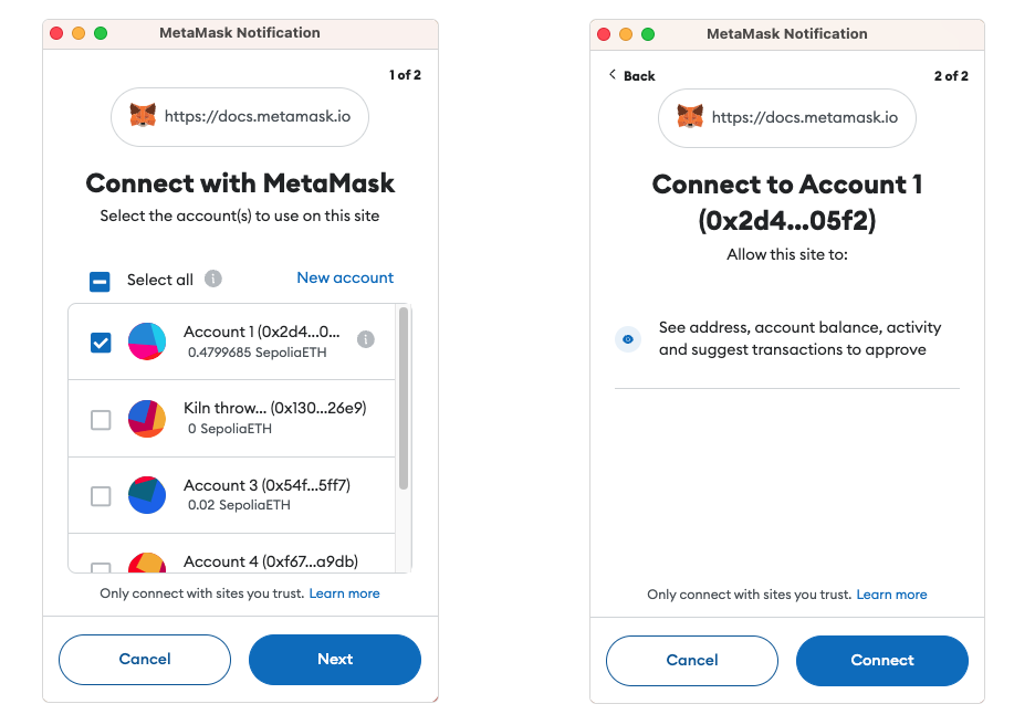 screenshot of the prompts for connecting to metamask