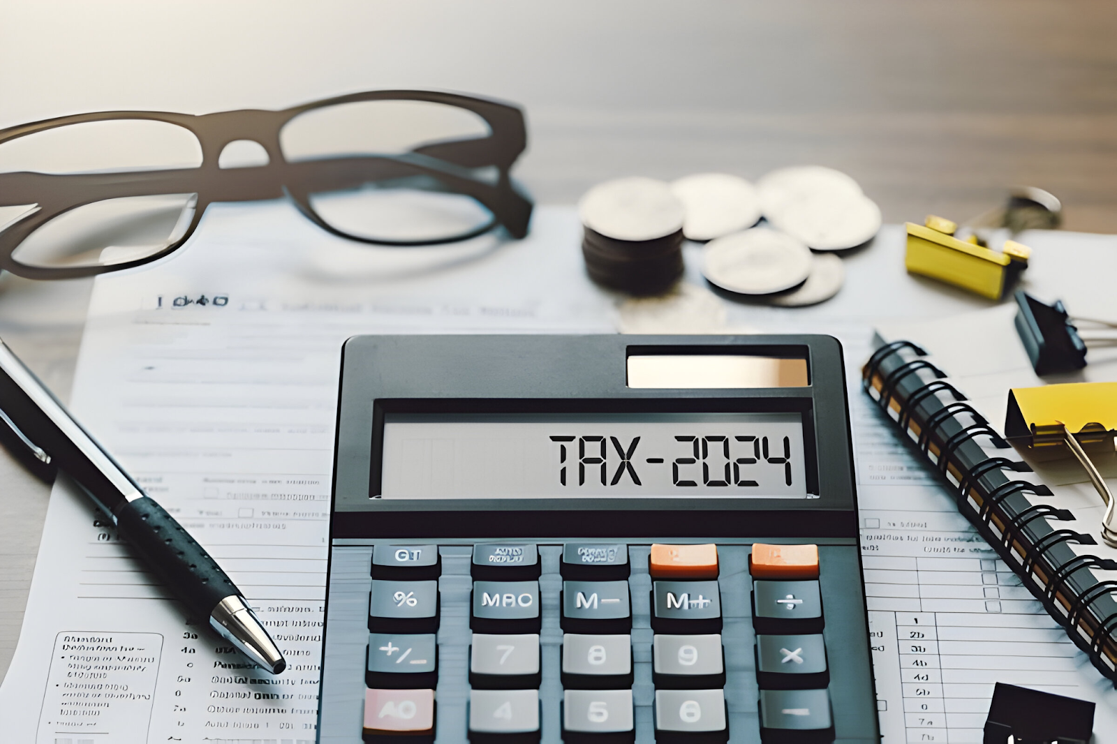 Calculator displaying 'TAX-2024', surrounded by tax forms, coins, glasses, and office supplies, representing how accountants handle international tax issues.