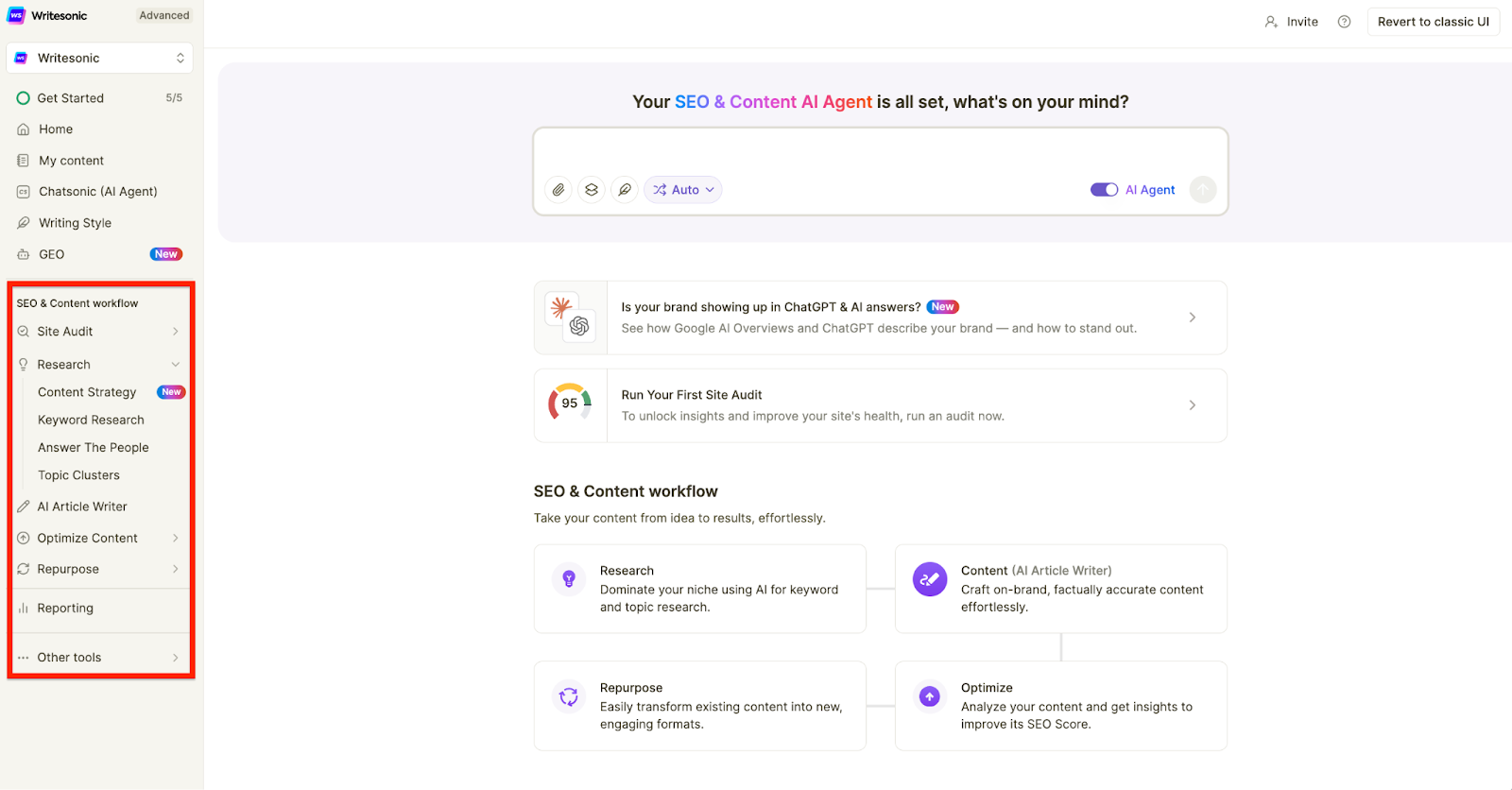 Writesonic dashboard for content optimization, GEO, SEO tools, and more