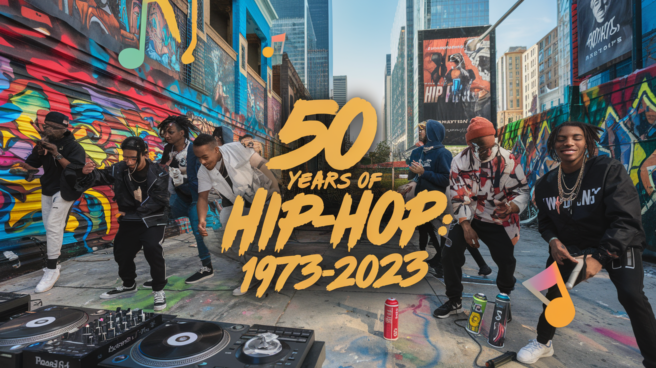 Create a realistic image of a dynamic urban street scene with colorful graffiti walls, featuring a diverse group of young Black artists - rappers, DJs, dancers, and graffiti artists - engaged in their respective crafts. In the foreground, show a turntable and microphone. Include iconic hip-hop fashion elements and a boombox. Add floating musical notes and spray paint cans to symbolize creativity. In the background, show skyscrapers with hip-hop posters. Add text overlay: "50 Years of Hip-Hop: 1973-2023" in a graffiti-style font.