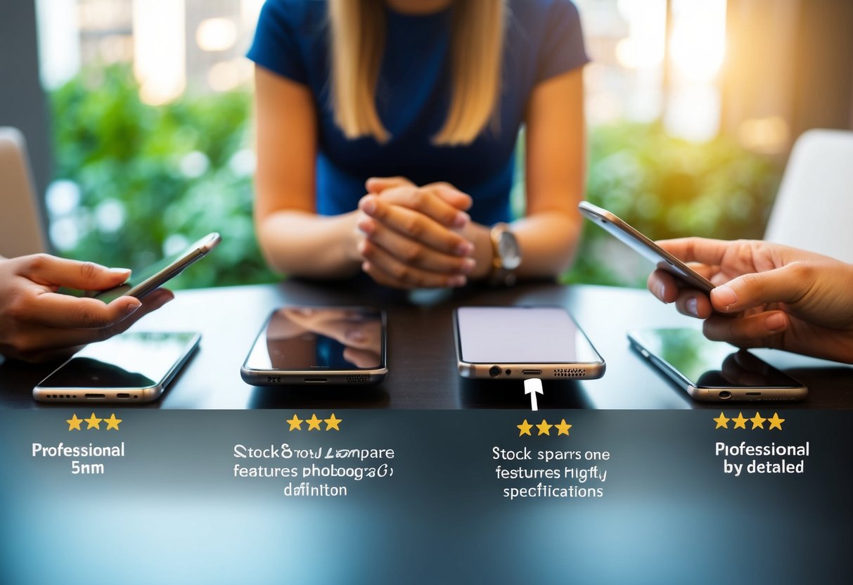 Uma pessoa comparando diferentes smartphones em uma mesa, com características e especificações listadas ao lado de cada um.