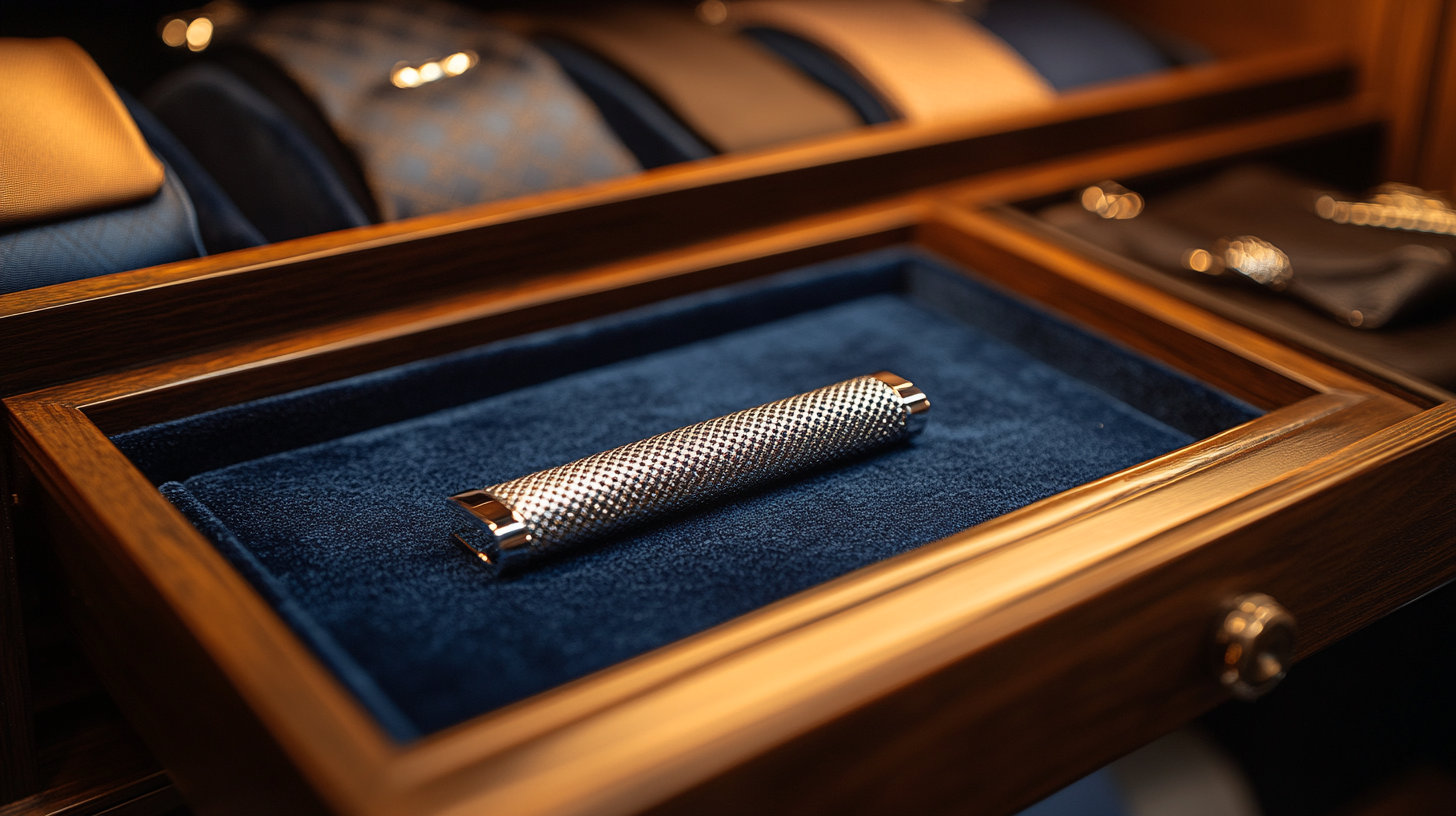 A sleek silver tie bar displayed on a velvet-lined tray inside a luxurious men's closet. The scene includes silk ties, polished cufflinks, and a premium leather wallet, creating a refined and elegant atmosphere. The soft, ambient lighting highlights the metallic shine of the tie bar. Ultra-detailed, hyper-realistic, cinematic lighting, luxury men’s fashion photography, stylish wardrobe aesthetic