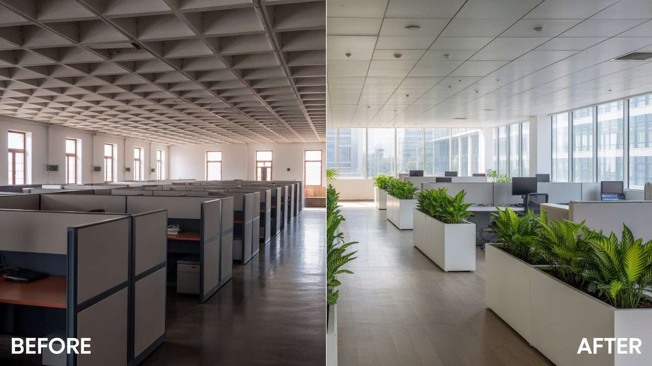 Before and after office transformation in Bangalore showcasing improved layout and modern design elements