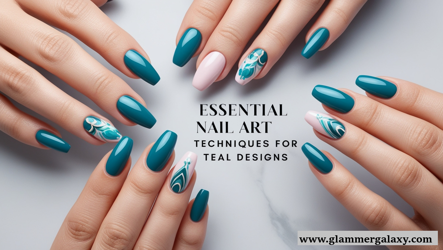  Multiple hands displaying teal nail art designs with one pink accent nail.