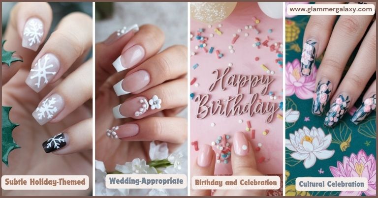 Collage showcasing four different nail art designs: snowflake patterns, a French manicure, a festive design with confetti and a culturally inspired floral pattern.