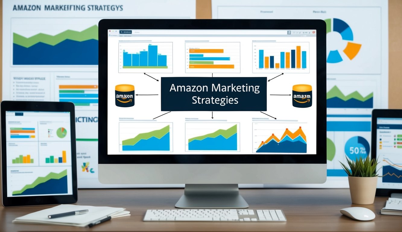 An image of a computer screen displaying various Amazon marketing strategies, surrounded by relevant charts and graphs