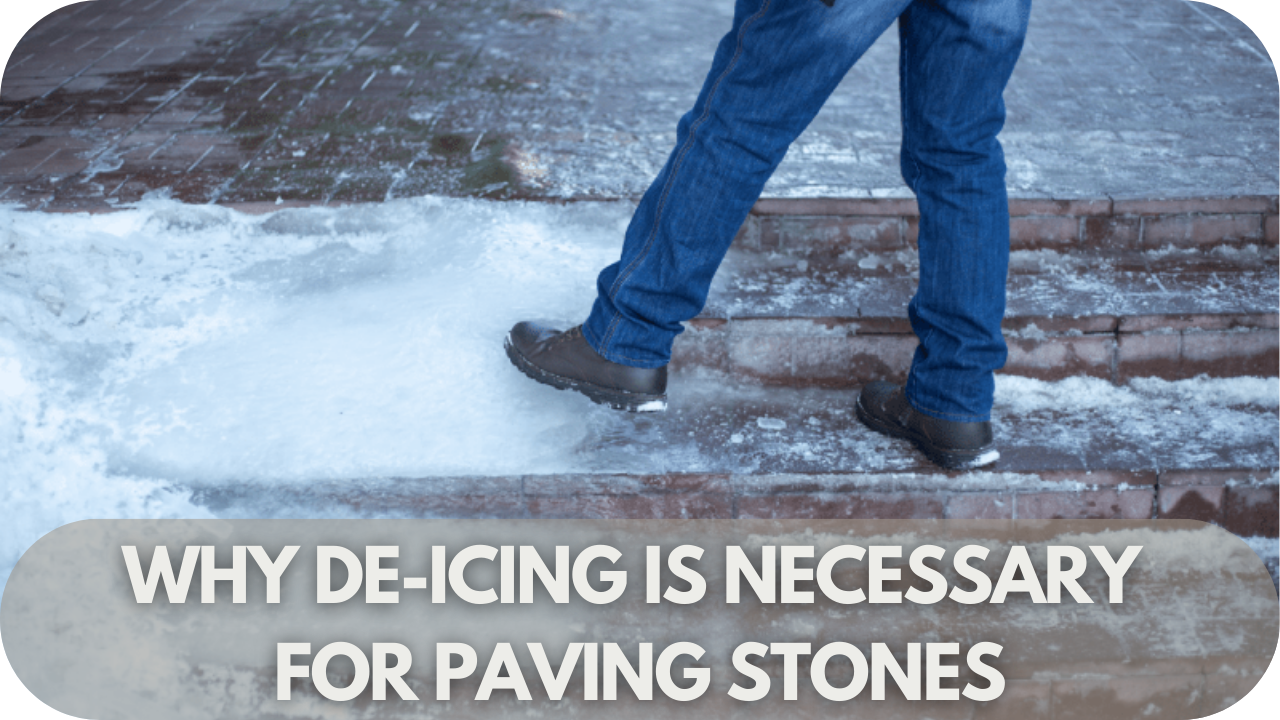 Snow-covered paving stones in winter highlighting the importance of de-icing for safety and longevity.