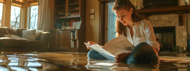 a homeowner in georgia checking their flood insurance policy while inspecting their property for mitigation measures.