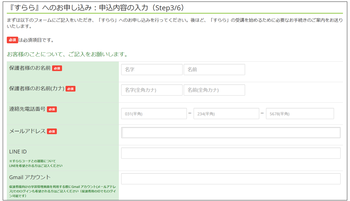 「申し込み内容の入力」に必要事項を入力していく