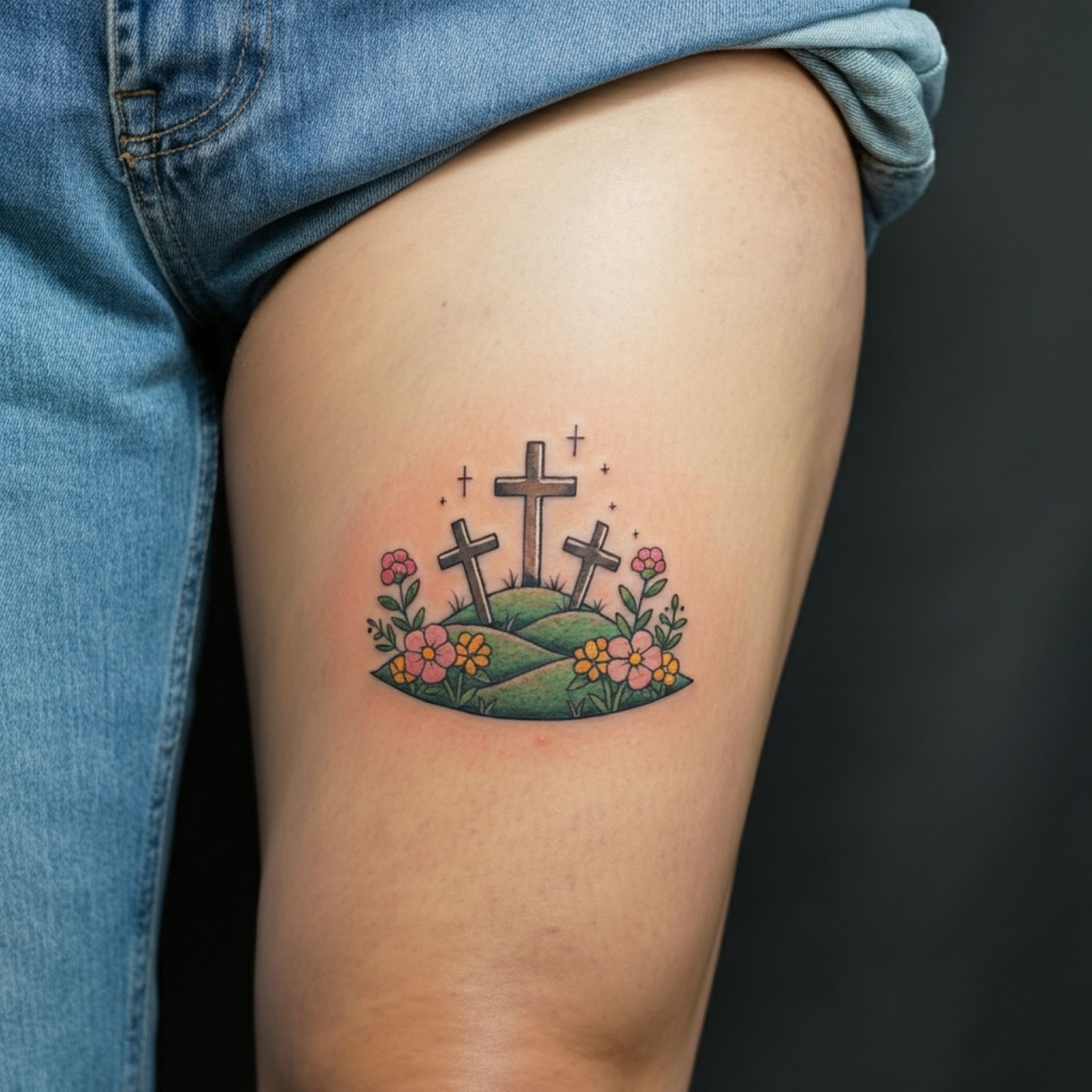 Three Crosses on a Hill with Flowers Tattoo