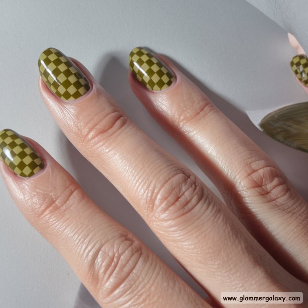 Olive green nails with Mix and Match Patterns with Olive Green