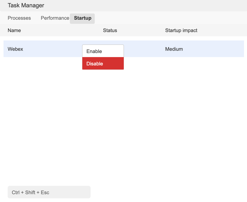 Disable Webex from launching at startup in Windows