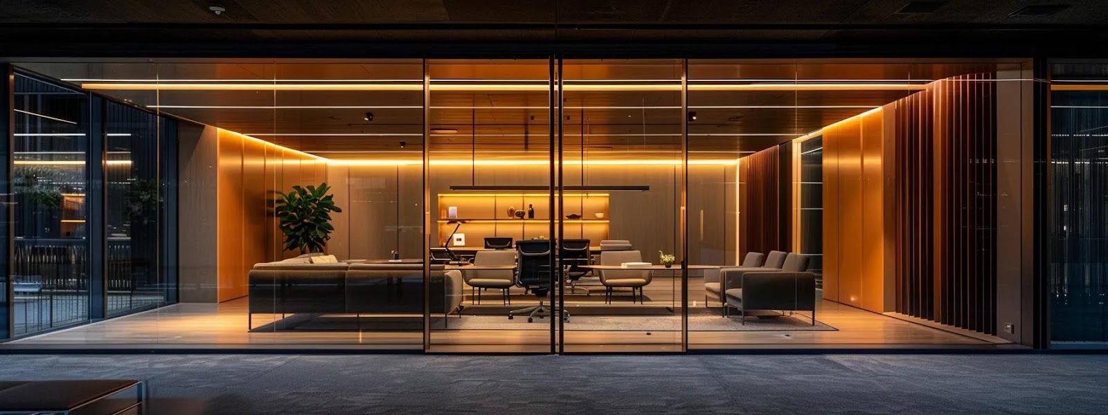 a sleek, contemporary office space in chiswick showcases a stunning architectural model, embodying the innovative blend of historical style and modern efficiency, illuminated by strategically placed ambient lighting to highlight the craftsmanship.