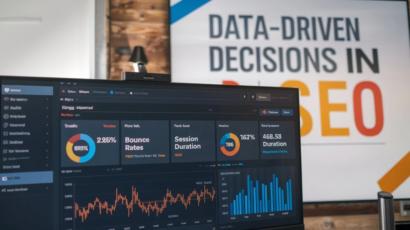 A dashboard graphic displaying key analytics metrics and trends, highlighting the role of data in refining SEO strategy.