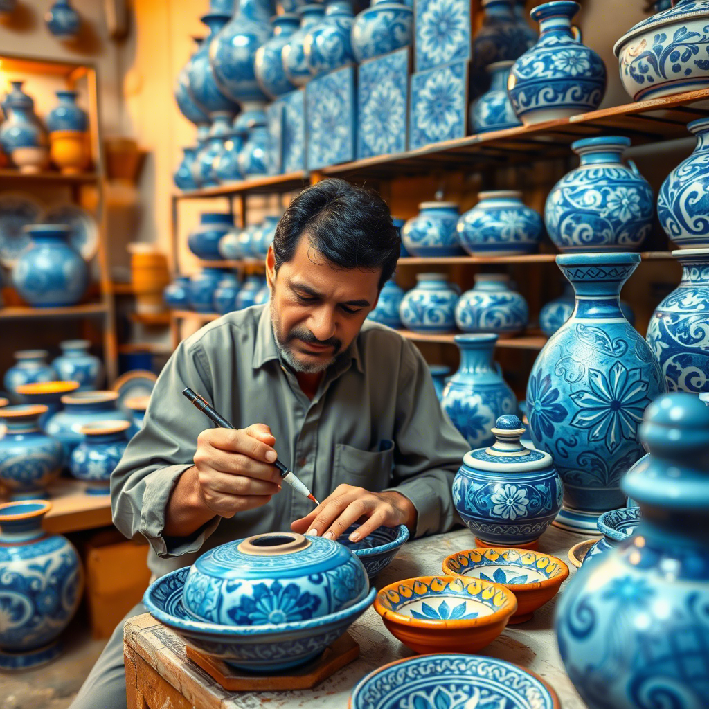 "Multani blue Pottery: A man, featuring bold blue hues, orange accents, and detailed floral and geometric patterns."